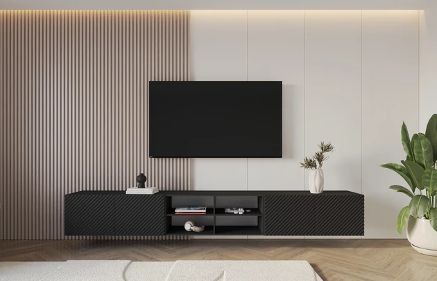 Material: Holzwerkstoff, Material der Rückwand: MDF, Ausführung: Hängend, Größe: 3 x 100 cm, Farbe: Schwarz, Zimmer: Wohnzimmer, Anzahl der Türen: 4, Front-Typ: Gefräste, Art der Griffe: Griffleiste, Art der Türen: Klapptür, Breite: 300 cm, Tiefe: 40 cm, Höhe: 40 cm, Geschlossene Fächer: 8, Offene Fächer: 4, Anzahl der Teile: 3 - 1