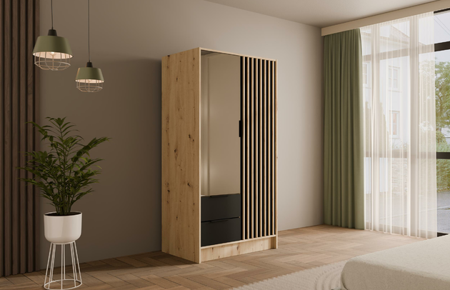 Anzahl der Spiegel: 1, Abmeßung: 102-cm-x-51-cm-x-200-cm, Schubladeninnenmaß - Breite: 47,5 cm, Tiefe: 51 cm, Anzahl der Türen: 2, Farbe: Eiche Artisan + Schwarz + Eiche Artisan, Art der Griffe: Griffleiste, Zimmer: Schlafzimmer, Schubladeninnenmaß - Höhe: 15 cm, Länge der Kleiderstange 1: 48 cm, Anzahl der Fächer: 5, Schubladeninnenmaß - Tiefe: 40 cm, Art der Türen: Flügeltüren, Fachinnenmaß - Tiefe: 49 cm, Fachinnenmaß - Höhe: 36 cm, Front-Typ: Lamellen, Höhe: 200 cm, Material der Rückwand: MDF, Breite: 102 cm, Anzahl der Kleiderstangen: 1, Anzahl der Schubladen: 2, Fachinnenmaß 2 - Höhe: 49 cm, Länge der Kleiderstangen: 48 cm, Breite des Fachinnenmaßes: 49 cm, Material: Holzwerkstoff, Ausstattung: Mit Spiegel, Größe: 102 cm x 51 cm x 200 cm - 1