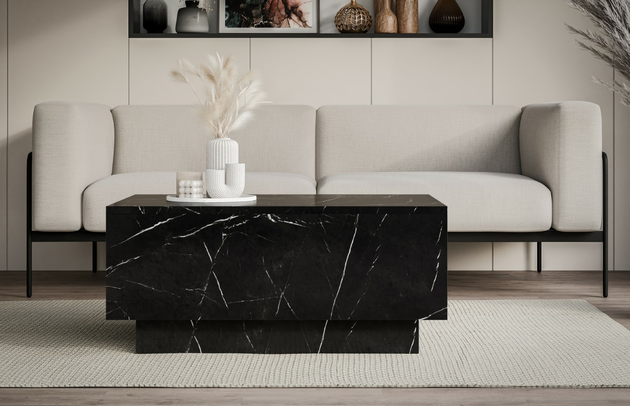 Zimmer: Wohnzimmer, Art des Gestells: Sockelgestell, Höhe der Tischplatte: 1,6 cm, Breite der Tischplatte: 60 cm, Oberflächenoptik: Marmoroptik, Farbe: Schwarz Marmor, Farbe der Tischplatte: Schwarz Marmor, Farbe des Gestells: Schwarz Marmor, Breite: 90 cm, Tiefe: 60 cm, Höhe: 40 cm, Form: rechteckig, Material des Gestells: Holzwerkstoff - 1