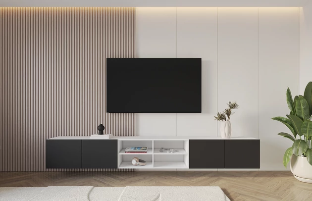 Material: Holzwerkstoff, Material der Rückwand: MDF, Ausführung: Hängend, Größe: 3 x 100 cm, Farbe: Weiß und Schwarz, Zimmer: Wohnzimmer, Anzahl der Türen: 4, Front-Typ: Glatt, Art der Griffe: Griffleiste, Art der Türen: Klapptür, Breite: 300 cm, Tiefe: 40 cm, Höhe: 40 cm, Geschlossene Fächer: 8, Offene Fächer: 4, Anzahl der Teile: 3 - 1