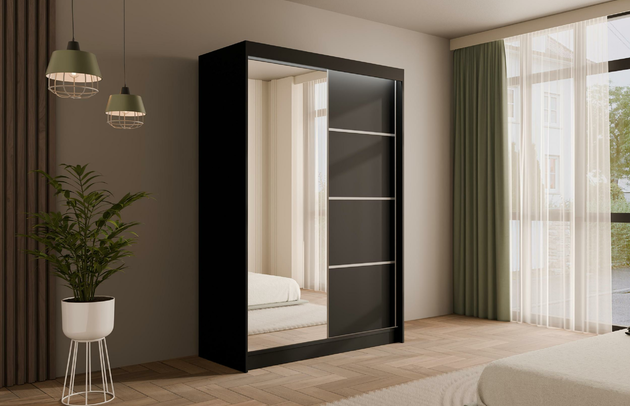 Fachinnenmaß - Höhe: 32 cm, Anzahl der Kleiderstangen: 1, Abmeßung: 120-cm-x-61-cm-x-215-cm, Art der Griffe: Griffleiste, Farbe: Schwarz, Breite: 120 cm, Fachinnenmaß - Tiefe: 47 cm, Anzahl der Spiegel: 1, Zimmer: Schlafzimmer, Anzahl der Fächer: 6, Front-Typ: Glatt, Anzahl der Türen: 2, Höhe: 215 cm, Fachinnenmaß 2 - Höhe: 58 cm, Tiefe: 61 cm, Art der Türen: Schwebetüren, Fachinnenmaß - Breite: 40 cm, Fachinnenmaß 2 - Breite: 45 cm, Länge der Kleiderstange 1: 70 cm, Material der Rückwand: MDF, Art des Leuchtmittels: Mit LED, Länge der Kleiderstangen: 70 cm, Breite des Fachinnenmaßes: 58 cm, Breite des Fachinnenmaßes 2: 45 cm, Größe: 120 cm x 61 cm x 215 cm - 1