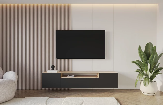 Material: Holzwerkstoff, Material der Rückwand: MDF, Ausführung: Hängend, Größe: 200 cm, Farbe: Artisan und Schwarz, Zimmer: Wohnzimmer, Anzahl der Türen: 3, Front-Typ: Glatt, Art der Griffe: Griffleiste, Art der Türen: Klapptür, Breite: 200 cm, Tiefe: 41 cm, Höhe: 40 cm, Geschlossene Fächer: 3, Offene Fächer: 1, Anzahl der Teile: 1 - 1