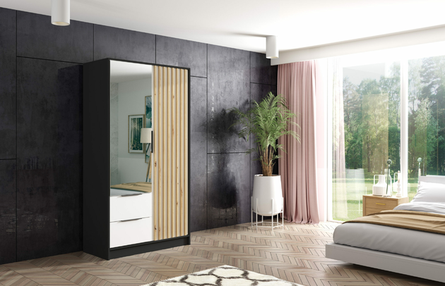 Breite: 102 cm, Anzahl der Fächer: 5, Abmeßung: 102-cm-x-51-cm-x-200-cm, Zimmer: Schlafzimmer, Front-Typ: Lamellen, Farbe: Schwarz + Weiß + Eiche Artisan, Art der Türen: Flügeltüren, Schubladeninnenmaß - Breite: 47,5 cm, Anzahl der Spiegel: 1, Tiefe: 51 cm, Schubladeninnenmaß - Höhe: 15 cm, Anzahl der Türen: 2, Schubladeninnenmaß - Tiefe: 40 cm, Länge der Kleiderstange 1: 48 cm, Fachinnenmaß - Tiefe: 49 cm, Fachinnenmaß - Höhe: 36 cm, Art der Griffe: Griffleiste, Höhe: 200 cm, Material der Rückwand: MDF, Anzahl der Kleiderstangen: 1, Anzahl der Schubladen: 2, Länge der Kleiderstangen: 48 cm, Breite des Fachinnenmaßes: 49 cm, Größe: 102 cm x 51 cm x 200 cm - 1