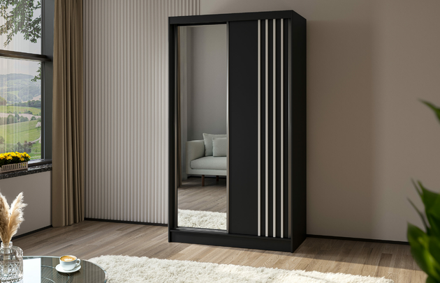 Art der Griffe: Griffleiste, Höhe: 216 cm, Abmeßung: 120 cm x 61 cm x 216 cm, Anzahl der Schubladen: Ohne Schubladen, Anzahl der Fächer: 7, Anzahl der Kleiderstangen: 1, Schubladeninnenmaß - Tiefe: Nicht zutreffend, Anzahl der Spiegel: 1, Anzahl der Türen: 2, Zimmer: Schlafzimmer, Art des Leuchtmittels: Mit LED, Farbe: Schwarz + Schwarz + Weiß, Art der Türen: Schwebetüren, Front-Typ: Lamellen, Breite: 120 cm, Schubladeninnenmaß - Höhe: Nicht zutreffend, Tiefe: 61 cm, Material der Rückwand: MDF, Länge der Kleiderstange 1: 58 cm, Länge der Kleiderstange 2: Nicht zutreffend, Fachinnenmaß - Höhe: 34 cm, Fachinnenmaß 2 - Höhe: 41 cm, Fachinnenmaß - Breite: 63 cm, Fachinnenmaß 2 - Breite: 58 cm, Fachinnenmaß - Tiefe: 47 cm, Länge der Kleiderstangen: 58 cm, Breite des Fachinnenmaßes: 41 cm, Breite des Fachinnenmaßes 2: 58 cm, Material: Holzwerkstoff, Größe: 120 cm x 61 cm x 216 cm - 1