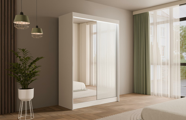 Höhe: 215 cm, Anzahl der Kleiderstangen: 1, Abmeßung: 120-cm-x-61-cm-x-215-cm, Farbe: Weiß + Lacobel Weiß, Zimmer: Schlafzimmer, Breite: 120 cm, Fachinnenmaß - Tiefe: 47 cm, Anzahl der Spiegel: 1, Art der Türen: Schwebetüren, Anzahl der Fächer: 6, Front-Typ: Lacobel, Anzahl der Türen: 2, Fachinnenmaß - Höhe: 32 cm, Fachinnenmaß - Breite: 40 cm, Fachinnenmaß 2 - Höhe: 58 cm, Art der Griffe: Griffleiste, Fachinnenmaß 2 - Breite: 45 cm, Länge der Kleiderstange 2: Nicht zutreffend, Länge der Kleiderstange 1: 70 cm, Material der Rückwand: MDF, Tiefe: 61 cm, Art des Leuchtmittels: Mit LED, Länge der Kleiderstangen: 70 cm, Breite des Fachinnenmaßes: 58 cm, Breite des Fachinnenmaßes 2: 45 cm, Material: Holzwerkstoff, Größe: 120 cm x 61 cm x 215 cm - 1