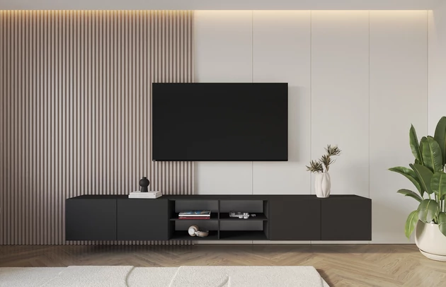 Material: Holzwerkstoff, Material der Rückwand: MDF, Ausführung: Hängend, Größe: 3 x 100 cm, Farbe: Schwarz, Zimmer: Wohnzimmer, Anzahl der Türen: 4, Front-Typ: Glatt, Art der Griffe: Griffleiste, Art der Türen: Klapptür, Breite: 300 cm, Tiefe: 40 cm, Höhe: 40 cm, Geschlossene Fächer: 8, Offene Fächer: 4, Anzahl der Teile: 3 - 1