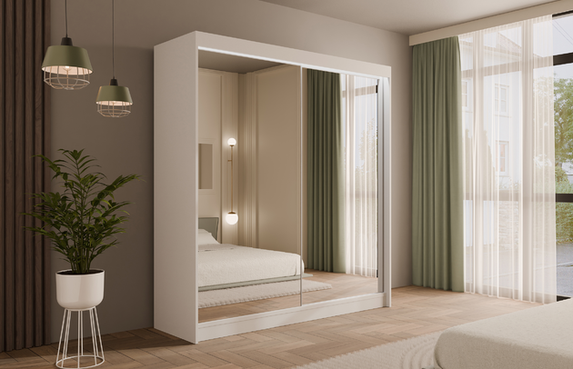 Höhe: 215 cm, Fachinnenmaß - Höhe: 32 cm, Abmeßung: 200-cm-x-61-cm-x-215-cm, Front-Typ: Spiegelglass, Anzahl der Türen: 2, Art der Griffe: Griffleiste, Tiefe: 61 cm, Farbe: Weiß, Fachinnenmaß - Tiefe: 47 cm, Art der Türen: Schwebetüren, Anzahl der Fächer: 8, Zimmer: Schlafzimmer, Fachinnenmaß - Breite: 41 cm, Anzahl der Kleiderstangen: 2, Fachinnenmaß 2 - Höhe: 114 cm, Breite: 200 cm, Fachinnenmaß 2 - Breite: 48 cm, Länge der Kleiderstange 2: 98 cm, Länge der Kleiderstange 1: 48 cm, Material der Rückwand: MDF, Art des Leuchtmittels: Mit LED, Länge der Kleiderstangen: 48 cm, Breite des Fachinnenmaßes: 114 cm, Breite des Fachinnenmaßes 2: 48 cm, Größe: 200 cm x 61 cm x 215 cm - 1