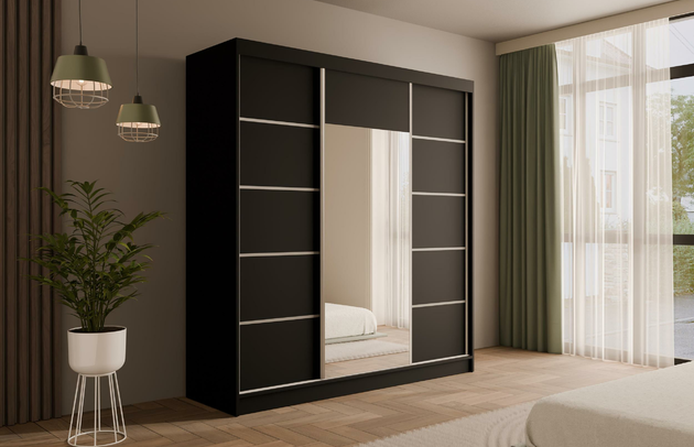 Höhe: 215 cm, Fachinnenmaß - Höhe: 35 cm, Abmeßung: 200-cm-x-61-cm-x-215-cm, Zimmer: Schlafzimmer, Art der Griffe: Griffleiste, Front-Typ: Glatt, Farbe: Schwarz, Tiefe: 61 cm, Schubladeninnenmaß - Breite: 55 cm, Anzahl der Türen: 3, Anzahl der Spiegel: 1, Breite: 200 cm, Art der Türen: Schwebetüren, Schubladeninnenmaß - Höhe: 15 cm, Material der Rückwand: MDF, Schubladeninnenmaß - Tiefe: 40 cm, Länge der Kleiderstange 1: 78 cm, Länge der Kleiderstange 2: 78 cm, Anzahl der Fächer: 8, Fachinnenmaß - Breite: 36 cm, Fachinnenmaß 2 - Höhe: 58 cm, Fachinnenmaß 2 - Breite: 58 cm, Fachinnenmaß - Tiefe: 47 cm, Anzahl der Kleiderstangen: 2, Anzahl der Schubladen: 4, Länge der Kleiderstangen: 78 cm, Breite des Fachinnenmaßes: 58 cm, Breite des Fachinnenmaßes 2: 58 cm, Größe: 200 cm x 61 cm x 215 cm - 1