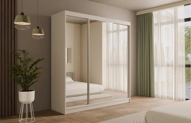 Höhe: 215 cm, Fachinnenmaß - Höhe: 35 cm, Abmeßung: 200-cm-x-61-cm-x-215-cm, Zimmer: Schlafzimmer, Art der Griffe: Griffleiste, Front-Typ: Spiegelglass, Farbe: Weiß, Tiefe: 61 cm, Schubladeninnenmaß - Breite: 55 cm, Anzahl der Türen: 3, Anzahl der Spiegel: 3, Breite: 200 cm, Art der Türen: Schwebetüren, Schubladeninnenmaß - Höhe: 15 cm, Material der Rückwand: MDF, Schubladeninnenmaß - Tiefe: 40 cm, Länge der Kleiderstange 1: 78 cm, Länge der Kleiderstange 2: 78 cm, Anzahl der Fächer: 8, Fachinnenmaß - Breite: 36 cm, Fachinnenmaß 2 - Höhe: 58 cm, Fachinnenmaß 2 - Breite: 58 cm, Fachinnenmaß - Tiefe: 47 cm, Anzahl der Kleiderstangen: 2, Anzahl der Schubladen: 4, Länge der Kleiderstangen: 78 cm, Breite des Fachinnenmaßes: 58 cm, Breite des Fachinnenmaßes 2: 58 cm, Größe: 200 cm x 61 cm x 215 cm - 1