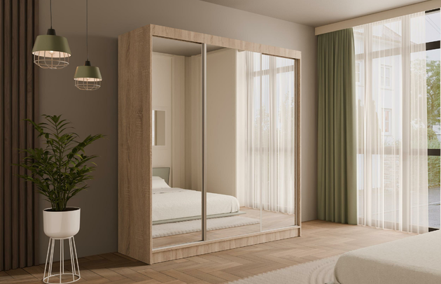 Höhe: 215 cm, Fachinnenmaß - Höhe: 35 cm, Abmeßung: 200-cm-x-61-cm-x-215-cm, Zimmer: Schlafzimmer, Art der Griffe: Griffleiste, Front-Typ: Spiegelglass, Farbe: Eiche Sonoma, Tiefe: 61 cm, Schubladeninnenmaß - Breite: 55 cm, Anzahl der Türen: 3, Anzahl der Spiegel: 3, Breite: 200 cm, Art der Türen: Schwebetüren, Schubladeninnenmaß - Höhe: 15 cm, Material der Rückwand: MDF, Schubladeninnenmaß - Tiefe: 40 cm, Länge der Kleiderstange 1: 78 cm, Länge der Kleiderstange 2: 78 cm, Anzahl der Fächer: 8, Fachinnenmaß - Breite: 36 cm, Fachinnenmaß 2 - Höhe: 58 cm, Fachinnenmaß 2 - Breite: 58 cm, Fachinnenmaß - Tiefe: 47 cm, Anzahl der Kleiderstangen: 2, Anzahl der Schubladen: 4, Länge der Kleiderstangen: 78 cm, Breite des Fachinnenmaßes: 58 cm, Breite des Fachinnenmaßes 2: 58 cm, Größe: 200 cm x 61 cm x 215 cm - 1