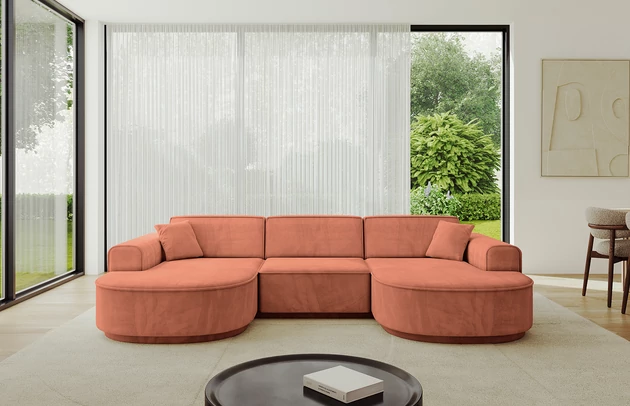 Bezug: Samt, Farbe: Apricot - Dream Velvet 202.07, Stellvariante: U-Form, Stoffbeschreibung: Polsterstoff Dream Velvet: Wasserabweisender und leicht zu reinigender Möbelstoff, scheuerfest (30.000 Martindale-Zyklen) lichtecht (6) und pillingarm (4-5), aus 100 % PES, Gewicht 360 g/m2 ±5 %, Materialzusammensetzung: 100% Polyseter, Pilling Resistenz: 4-5, Abriebfestigkeit: 5, Scheuerbeständigkeit: 30000 Martindale-Zyklen, Ausstattung: Kissen, Zimmer: Wohnzimmer, Tiefe: 171 cm, Breite: 303 cm, Höhe: 83 cm, Anzahl der Sitzflächen: 4, Sitzfüllung: Wellenfeder + HR35 und T30-Schaum, Art der Rückenkissen: Rückenlehne - feste, Annzahl der Sitzkissen: 3, Anzahl der Zierkissen: 2, Breite der Armlehnen: 20 cm, Höhe der Armlehnen: 58 cm, Breite der Ottomane: 109 cm, Tiefe der Ottomane: 151 cm, Tiefe der Sitzfläche: 62 cm, Sitzhöhe: 47 cm, Schlaffunktion: Ohne Schlaffunktion - 1