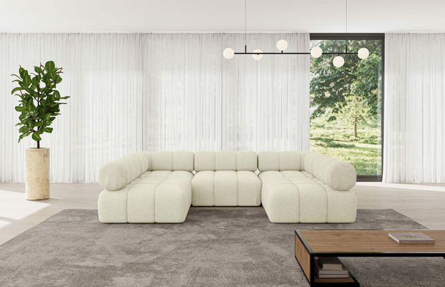 Bezug: Bouclé, Farbe: Beige - Quelle 02, Stellvariante: U-Form, Stoffbeschreibung: Polsterstoff Quelle: hochwertiger Bouclé Stoff, strapazierfähig, atmungsaktiv und pflegeleicht. (80.000 Martindale-Zyklen) 100 % PES, pillingarm(4-5), Gewicht 315 g/m² ±5 %, Materialzusammensetzung: 100% Polyseter, Pilling Resistenz: 5, Abriebfestigkeit: 5, Scheuerbeständigkeit: 80000 Martindale-Zyklen, Zimmer: Wohnzimmer, Tiefe: 190 cm, Breite: 285 cm, Höhe: 70 cm, Anzahl der Sitzflächen: 6, Sitzfüllung: Wellenfeder und T30-Schaum, Art der Rückenkissen: Rückenlehne - feste, Annzahl der Sitzkissen: 3, Breite der Ottomane: 95 cm, Tiefe der Ottomane: 190 cm, Tiefe der Sitzfläche: 65 cm, Sitzhöhe: 40 cm, Schlaffunktion: Ohne Schlaffunktion - 1