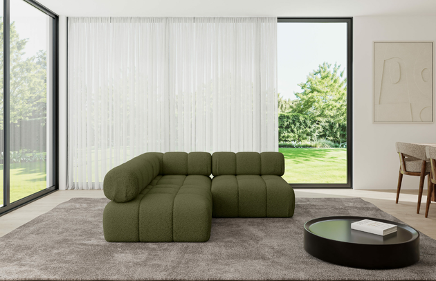 Bezug: Bouclé, Farbe: Grün - Quelle 38, Stellvariante: Ottomane Links, Stoffbeschreibung: Polsterstoff Quelle: hochwertiger Bouclé Stoff, strapazierfähig, atmungsaktiv und pflegeleicht. (80.000 Martindale-Zyklen) 100 % PES, pillingarm(4-5), Gewicht 315 g/m² ±5 %, Materialzusammensetzung: 100% Polyseter, Pilling Resistenz: 5, Abriebfestigkeit: 5, Scheuerbeständigkeit: 80000 Martindale-Zyklen, Zimmer: Wohnzimmer, Tiefe: 190 cm, Breite: 190 cm, Höhe: 70 cm, Anzahl der Sitzflächen: 4, Sitzfüllung: Wellenfeder, Art der Rückenkissen: Rückenlehne - feste, Annzahl der Sitzkissen: 2, Breite der Ottomane: 95 cm, Tiefe der Ottomane: 190 cm, Tiefe der Sitzfläche: 65 cm, Sitzhöhe: 40 cm, Schlaffunktion: Ohne Schlaffunktion - 1