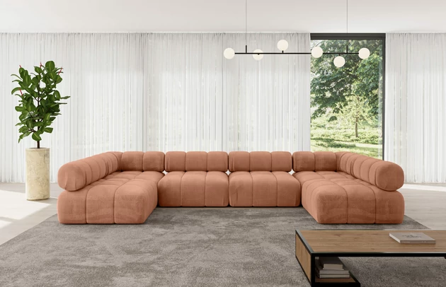 Bezug: Samt, Farbe: Apricot - Monolith 61, Stellvariante: U-Form, Stoffbeschreibung: MONOLITH: Wasserabweisender und leicht zu reinigender Möbelstoff, scheuerfest (100.000 Martindale-Zyklen) lichtecht (5) und pillingarm (4-5), aus 100 % PES, Gewicht 330 g/m2 ±5 %, Materialzusammensetzung: 100% Polyseter, Pilling Resistenz: 4, Abriebfestigkeit: 5, Scheuerbeständigkeit: 100000 Martindale-Zyklen, Zimmer: Wohnzimmer, Tiefe: 190 cm, Breite: 380 cm, Höhe: 70 cm, Anzahl der Sitzflächen: 7, Sitzfüllung: Wellenfeder und T30-Schaum, Art der Rückenkissen: Rückenlehne - feste, Annzahl der Sitzkissen: 4, Breite der Ottomane: 95 cm, Tiefe der Ottomane: 190 cm, Tiefe der Sitzfläche: 65 cm, Sitzhöhe: 40 cm, Schlaffunktion: Ohne Schlaffunktion - 1