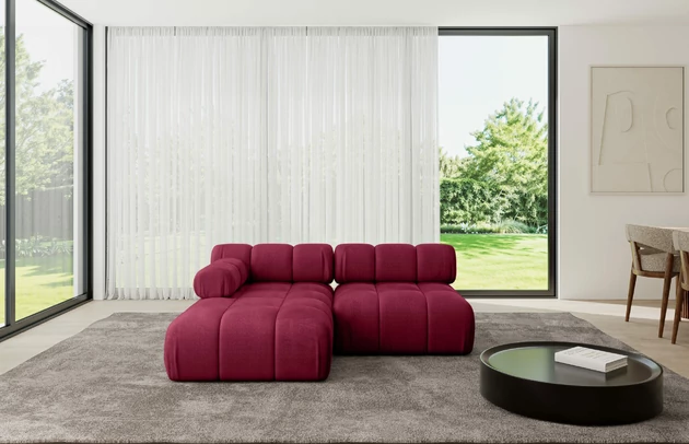 Bezug: Samt, Farbe: Bordeauxrot - Monolith 59, Stellvariante: Ottomane Links, Stoffbeschreibung: MONOLITH: Wasserabweisender und leicht zu reinigender Möbelstoff, scheuerfest (100.000 Martindale-Zyklen) lichtecht (5) und pillingarm (4-5), aus 100 % PES, Gewicht 330 g/m2 ±5 %, Materialzusammensetzung: 100% Polyseter, Pilling Resistenz: 4, Abriebfestigkeit: 5, Scheuerbeständigkeit: 100000 Martindale-Zyklen, Zimmer: Wohnzimmer, Tiefe: 160 cm, Breite: 190 cm, Höhe: 70 cm, Anzahl der Sitzflächen: 4, Sitzfüllung: Wellenfeder und T30-Schaum, Art der Rückenkissen: Rückenlehne - feste, Annzahl der Sitzkissen: 2, Breite der Ottomane: 95 cm, Tiefe der Ottomane: 160 cm, Tiefe der Sitzfläche: 65 cm, Sitzhöhe: 40 cm, Schlaffunktion: Ohne Schlaffunktion - 1