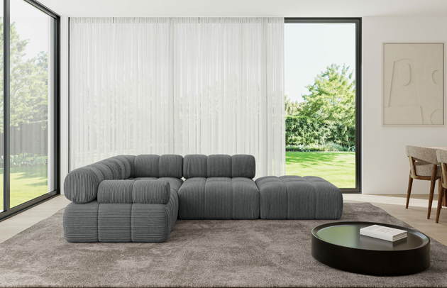 Bezug: Cord, Farbe: Dunkelgrau - Poso 115, Stellvariante: Ottomane Links, Stoffbeschreibung: POSO ist ein angenehm anzufühlender Velours mit Kordstruktur (35000 MartindaleZyklen) und leicht zu reinigender Möbellstoff, lichtecht (5) und pillingarm (5), Gewicht 380 g/m2 ±5%, Materialzusammensetzung: 90% Polyseter, 10% Nylon, Pilling Resistenz: 5, Abriebfestigkeit: 5, Scheuerbeständigkeit: 30000 Martindale-Zyklen, Zimmer: Wohnzimmer, Tiefe: 190 cm, Breite: 285 cm, Höhe: 70 cm, Anzahl der Sitzflächen: 5, Sitzfüllung: Wellenfeder, Art der Rückenkissen: Rückenlehne - feste, Annzahl der Sitzkissen: 3, Breite der Ottomane: 95 cm, Tiefe der Ottomane: 190 cm, Tiefe der Sitzfläche: 65 cm, Sitzhöhe: 40 cm, Schlaffunktion: Ohne Schlaffunktion - 1