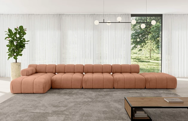 Bezug: Samt, Farbe: Apricot - Monolith 61, Stellvariante: Ottomane Links, Stoffbeschreibung: MONOLITH: Wasserabweisender und leicht zu reinigender Möbelstoff, scheuerfest (100.000 Martindale-Zyklen) lichtecht (5) und pillingarm (4-5), aus 100 % PES, Gewicht 330 g/m2 ±5 %, Materialzusammensetzung: 100% Polyseter, Pilling Resistenz: 4, Abriebfestigkeit: 5, Scheuerbeständigkeit: 100000 Martindale-Zyklen, Zimmer: Wohnzimmer, Tiefe: 160 cm, Breite: 475 cm, Höhe: 70 cm, Anzahl der Sitzflächen: 7, Sitzfüllung: Wellenfeder, Art der Rückenkissen: Rückenlehne - feste, Annzahl der Sitzkissen: 5, Breite der Ottomane: 95 cm, Tiefe der Ottomane: 160 cm, Tiefe der Sitzfläche: 65 cm, Sitzhöhe: 40 cm, Schlaffunktion: Ohne Schlaffunktion - 1