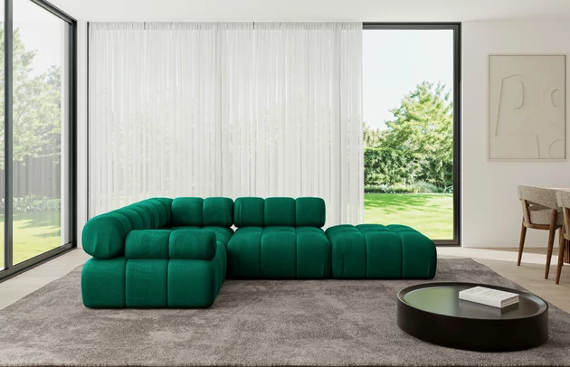 Bezug: Samt, Farbe: Dunkelgrün - Monolith 37, Stellvariante: Ottomane Links, Stoffbeschreibung: MONOLITH: Wasserabweisender und leicht zu reinigender Möbelstoff, scheuerfest (100.000 Martindale-Zyklen) lichtecht (5) und pillingarm (4-5), aus 100 % PES, Gewicht 330 g/m2 ±5 %, Materialzusammensetzung: 100% Polyseter, Pilling Resistenz: 4, Abriebfestigkeit: 5, Scheuerbeständigkeit: 100000 Martindale-Zyklen, Zimmer: Wohnzimmer, Tiefe: 190 cm, Breite: 285 cm, Höhe: 70 cm, Anzahl der Sitzflächen: 5, Sitzfüllung: Wellenfeder, Art der Rückenkissen: Rückenlehne - feste, Annzahl der Sitzkissen: 3, Breite der Ottomane: 95 cm, Tiefe der Ottomane: 190 cm, Tiefe der Sitzfläche: 65 cm, Sitzhöhe: 40 cm, Schlaffunktion: Ohne Schlaffunktion - 1