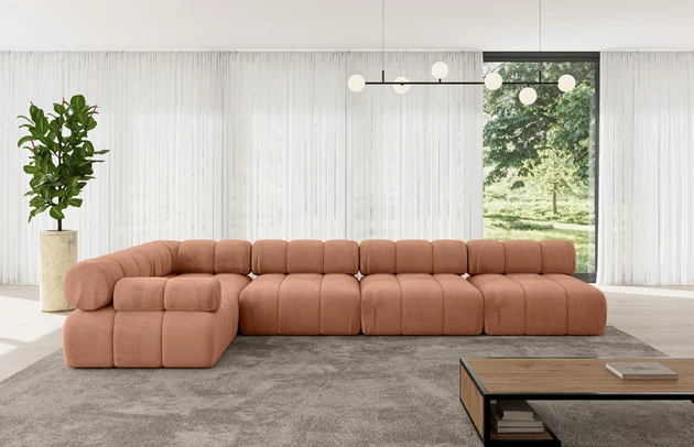 Bezug: Samt, Farbe: Apricot - Monolith 61, Stellvariante: Ottomane Links, Stoffbeschreibung: MONOLITH: Wasserabweisender und leicht zu reinigender Möbelstoff, scheuerfest (100.000 Martindale-Zyklen) lichtecht (5) und pillingarm (4-5), aus 100 % PES, Gewicht 330 g/m2 ±5 %, Materialzusammensetzung: 100% Polyseter, Pilling Resistenz: 4, Abriebfestigkeit: 5, Scheuerbeständigkeit: 100000 Martindale-Zyklen, Zimmer: Wohnzimmer, Tiefe: 190 cm, Breite: 380 cm, Höhe: 70 cm, Anzahl der Sitzflächen: 6, Sitzfüllung: Wellenfeder, Art der Rückenkissen: Rückenlehne - feste, Annzahl der Sitzkissen: 4, Breite der Ottomane: 95 cm, Tiefe der Ottomane: 190 cm, Tiefe der Sitzfläche: 65 cm, Sitzhöhe: 40 cm, Schlaffunktion: Ohne Schlaffunktion - 1