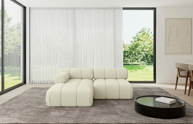 Bezug: Bouclé, Farbe: Beige - Quelle 02, Stellvariante: Ottomane Links, Stoffbeschreibung: Polsterstoff Quelle: hochwertiger Bouclé Stoff, strapazierfähig, atmungsaktiv und pflegeleicht. (80.000 Martindale-Zyklen) 100 % PES, pillingarm(4-5), Gewicht 315 g/m² ±5 %, Materialzusammensetzung: 100% Polyseter, Pilling Resistenz: 5, Abriebfestigkeit: 5, Scheuerbeständigkeit: 80000 Martindale-Zyklen, Zimmer: Wohnzimmer, Tiefe: 160 cm, Breite: 190 cm, Höhe: 70 cm, Anzahl der Sitzflächen: 4, Sitzfüllung: Wellenfeder und T30-Schaum, Art der Rückenkissen: Rückenlehne - feste, Annzahl der Sitzkissen: 2, Breite der Ottomane: 95 cm, Tiefe der Ottomane: 160 cm, Tiefe der Sitzfläche: 65 cm, Sitzhöhe: 40 cm, Schlaffunktion: Ohne Schlaffunktion - 1