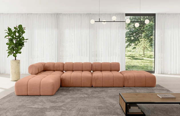 Bezug: Samt, Farbe: Apricot - Monolith 61, Stellvariante: Ottomane Links, Stoffbeschreibung: MONOLITH: Wasserabweisender und leicht zu reinigender Möbelstoff, scheuerfest (100.000 Martindale-Zyklen) lichtecht (5) und pillingarm (4-5), aus 100 % PES, Gewicht 330 g/m2 ±5 %, Materialzusammensetzung: 100% Polyseter, Pilling Resistenz: 4, Abriebfestigkeit: 5, Scheuerbeständigkeit: 100000 Martindale-Zyklen, Zimmer: Wohnzimmer, Tiefe: 190 cm, Breite: 380 cm, Höhe: 70 cm, Anzahl der Sitzflächen: 6, Sitzfüllung: Wellenfeder, Art der Rückenkissen: Rückenlehne - feste, Annzahl der Sitzkissen: 4, Breite der Ottomane: 95 cm, Tiefe der Ottomane: 190 cm, Tiefe der Sitzfläche: 65 cm, Sitzhöhe: 40 cm, Schlaffunktion: Ohne Schlaffunktion - 1