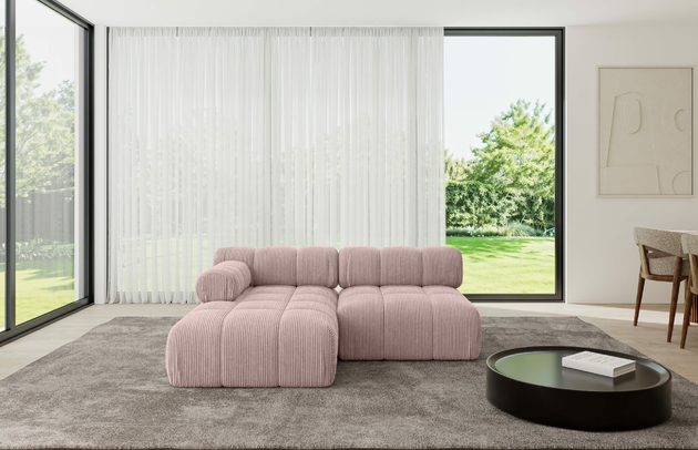 Bezug: Cord, Farbe: Rosa - Poso 145, Stellvariante: Ottomane Links, Stoffbeschreibung: POSO ist ein angenehm anzufühlender Velours mit Kordstruktur (35000 MartindaleZyklen) und leicht zu reinigender Möbellstoff, lichtecht (5) und pillingarm (5), Gewicht 380 g/m2 ±5%, Materialzusammensetzung: 90% Polyseter, 10% Nylon, Pilling Resistenz: 5, Abriebfestigkeit: 5, Scheuerbeständigkeit: 30000 Martindale-Zyklen, Zimmer: Wohnzimmer, Tiefe: 160 cm, Breite: 190 cm, Höhe: 70 cm, Anzahl der Sitzflächen: 4, Sitzfüllung: Wellenfeder und T30-Schaum, Art der Rückenkissen: Rückenlehne - feste, Annzahl der Sitzkissen: 2, Breite der Ottomane: 95 cm, Tiefe der Ottomane: 160 cm, Tiefe der Sitzfläche: 65 cm, Sitzhöhe: 40 cm, Schlaffunktion: Ohne Schlaffunktion - 1