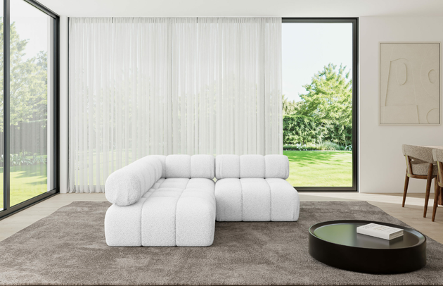 Bezug: Bouclé, Farbe: Weiß - Quelle 01, Stellvariante: Ottomane Links, Stoffbeschreibung: Polsterstoff Quelle: hochwertiger Bouclé Stoff, strapazierfähig, atmungsaktiv und pflegeleicht. (80.000 Martindale-Zyklen) 100 % PES, pillingarm(4-5), Gewicht 315 g/m² ±5 %, Materialzusammensetzung: 100% Polyseter, Pilling Resistenz: 5, Abriebfestigkeit: 5, Scheuerbeständigkeit: 80000 Martindale-Zyklen, Zimmer: Wohnzimmer, Tiefe: 190 cm, Breite: 190 cm, Höhe: 70 cm, Anzahl der Sitzflächen: 4, Sitzfüllung: Wellenfeder, Art der Rückenkissen: Rückenlehne - feste, Annzahl der Sitzkissen: 2, Breite der Ottomane: 95 cm, Tiefe der Ottomane: 190 cm, Tiefe der Sitzfläche: 65 cm, Sitzhöhe: 40 cm, Schlaffunktion: Ohne Schlaffunktion - 1