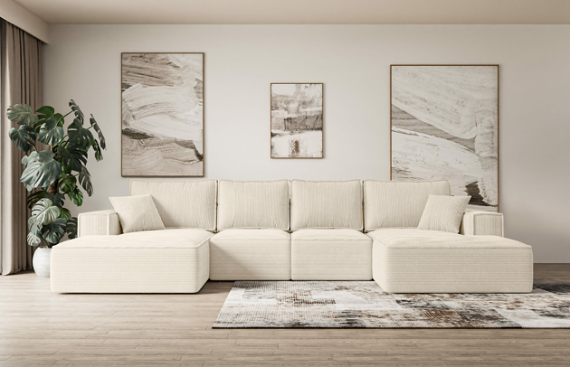 Bezug: Cord, Farbe: Beige - Poso 105, Stellvariante: U-Form, Stoffbeschreibung: POSO ist ein angenehm anzufühlender Velours mit Kordstruktur (35000 MartindaleZyklen) und leicht zu reinigender Möbellstoff, lichtecht (5) und pillingarm (5), Gewicht 380 g/m2 ±5%, Materialzusammensetzung: 90% Polyseter, 10% Nylon, Pilling Resistenz: 5, Abriebfestigkeit: 5, Scheuerbeständigkeit: 30000 Martindale-Zyklen, Ausstattung: Kissen, Zimmer: Wohnzimmer, Tiefe: 161 cm, Breite: 349 cm, Höhe: 87 cm, Schlaffunktion: Mit Schlaffunktion, Länge der Schlaffläche: 300 cm, Breite der Schlaffläche: 120 cm, Liegehöhe: 41 cm, Anzahl der Sitzflächen: 8, Sitzfüllung: Wellenfeder + HR35 und T30-Schaum, Anzahl der Rückenkissen: 4, Art der Rückenkissen: Rückenkissen, Annzahl der Sitzkissen: 4, Anzahl der Zierkissen: 2, Tiefe der Armlehnen: 85 cm, Breite der Armlehnen: 25 cm, Höhe der Armlehnen: 57 cm, Breite der Ottomane: 110 cm, Tiefe der Ottomane: 144 cm, Tiefe der Sitzfläche: 46 cm, Sitzhöhe: 41 cm, Art des Stauraumes: Innenfach geschlossen - 1