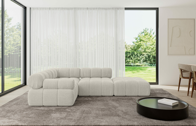 Bezug: Cord, Farbe: Cremeweiß - Poso 100, Stellvariante: Ottomane Links, Stoffbeschreibung: POSO ist ein angenehm anzufühlender Velours mit Kordstruktur (35000 MartindaleZyklen) und leicht zu reinigender Möbellstoff, lichtecht (5) und pillingarm (5), Gewicht 380 g/m2 ±5%, Materialzusammensetzung: 90% Polyseter, 10% Nylon, Pilling Resistenz: 5, Abriebfestigkeit: 5, Scheuerbeständigkeit: 30000 Martindale-Zyklen, Zimmer: Wohnzimmer, Tiefe: 190 cm, Breite: 285 cm, Höhe: 70 cm, Anzahl der Sitzflächen: 5, Sitzfüllung: Wellenfeder, Art der Rückenkissen: Rückenlehne - feste, Annzahl der Sitzkissen: 3, Breite der Ottomane: 95 cm, Tiefe der Ottomane: 190 cm, Tiefe der Sitzfläche: 65 cm, Sitzhöhe: 40 cm, Schlaffunktion: Ohne Schlaffunktion - 1