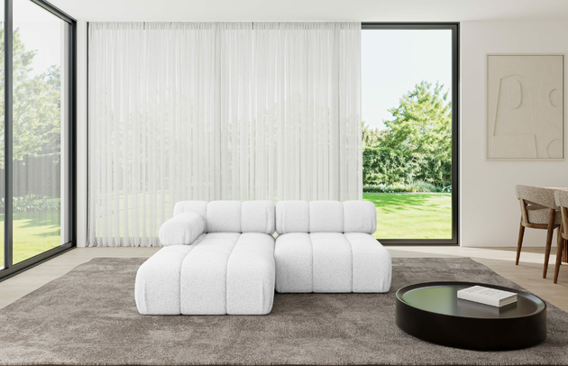 Bezug: Bouclé, Farbe: Weiß - Quelle 01, Stellvariante: Ottomane Links, Stoffbeschreibung: Polsterstoff Quelle: hochwertiger Bouclé Stoff, strapazierfähig, atmungsaktiv und pflegeleicht. (80.000 Martindale-Zyklen) 100 % PES, pillingarm(4-5), Gewicht 315 g/m² ±5 %, Materialzusammensetzung: 100% Polyseter, Pilling Resistenz: 5, Abriebfestigkeit: 5, Scheuerbeständigkeit: 80000 Martindale-Zyklen, Zimmer: Wohnzimmer, Tiefe: 160 cm, Breite: 190 cm, Höhe: 70 cm, Anzahl der Sitzflächen: 4, Sitzfüllung: Wellenfeder und T30-Schaum, Art der Rückenkissen: Rückenlehne - feste, Annzahl der Sitzkissen: 2, Breite der Ottomane: 95 cm, Tiefe der Ottomane: 160 cm, Tiefe der Sitzfläche: 65 cm, Sitzhöhe: 40 cm, Schlaffunktion: Ohne Schlaffunktion - 1