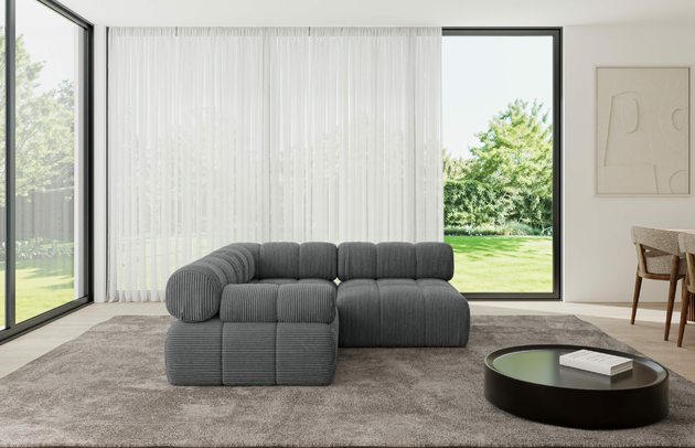 Bezug: Cord, Farbe: Dunkelgrau - Poso 115, Stellvariante: Ottomane Links, Stoffbeschreibung: POSO ist ein angenehm anzufühlender Velours mit Kordstruktur (35000 MartindaleZyklen) und leicht zu reinigender Möbellstoff, lichtecht (5) und pillingarm (5), Gewicht 380 g/m2 ±5%, Materialzusammensetzung: 90% Polyseter, 10% Nylon, Pilling Resistenz: 5, Abriebfestigkeit: 5, Scheuerbeständigkeit: 30000 Martindale-Zyklen, Zimmer: Wohnzimmer, Tiefe: 190 cm, Breite: 190 cm, Höhe: 70 cm, Anzahl der Sitzflächen: 4, Sitzfüllung: Wellenfeder, Art der Rückenkissen: Rückenlehne - feste, Annzahl der Sitzkissen: 2, Breite der Ottomane: 95 cm, Tiefe der Ottomane: 190 cm, Tiefe der Sitzfläche: 65 cm, Sitzhöhe: 40 cm, Schlaffunktion: Ohne Schlaffunktion - 1