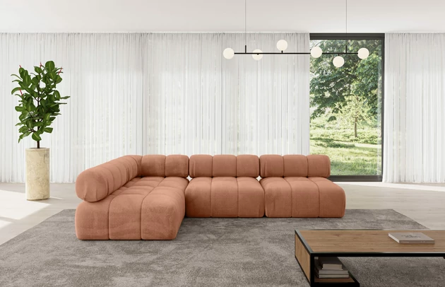 Bezug: Samt, Farbe: Apricot - Monolith 61, Stellvariante: Ottomane Links, Stoffbeschreibung: MONOLITH: Wasserabweisender und leicht zu reinigender Möbelstoff, scheuerfest (100.000 Martindale-Zyklen) lichtecht (5) und pillingarm (4-5), aus 100 % PES, Gewicht 330 g/m2 ±5 %, Materialzusammensetzung: 100% Polyseter, Pilling Resistenz: 4, Abriebfestigkeit: 5, Scheuerbeständigkeit: 100000 Martindale-Zyklen, Zimmer: Wohnzimmer, Tiefe: 190 cm, Breite: 285 cm, Höhe: 70 cm, Anzahl der Sitzflächen: 5, Sitzfüllung: Wellenfeder, Art der Rückenkissen: Rückenlehne - feste, Annzahl der Sitzkissen: 3, Breite der Ottomane: 95 cm, Tiefe der Ottomane: 190 cm, Tiefe der Sitzfläche: 65 cm, Sitzhöhe: 40 cm, Schlaffunktion: Ohne Schlaffunktion - 1