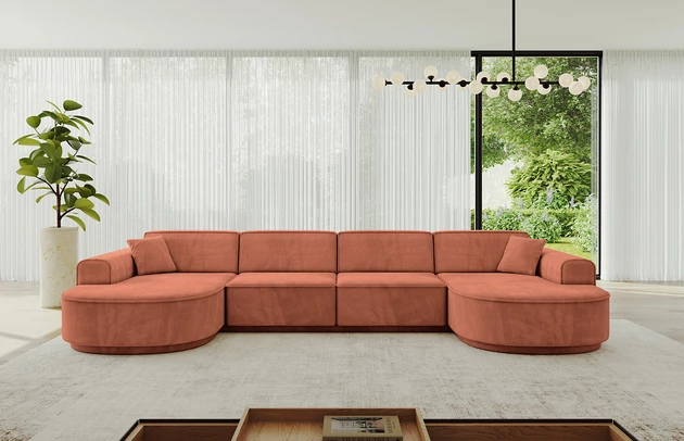 Bezug: Samt, Farbe: Apricot - Dream Velvet 202.07, Stellvariante: U-Form, Stoffbeschreibung: Polsterstoff Dream Velvet: Wasserabweisender und leicht zu reinigender Möbelstoff, scheuerfest (30.000 Martindale-Zyklen) lichtecht (6) und pillingarm (4-5), aus 100 % PES, Gewicht 360 g/m2 ±5 %, Materialzusammensetzung: 100% Polyseter, Pilling Resistenz: 4-5, Abriebfestigkeit: 5, Scheuerbeständigkeit: 30000 Martindale-Zyklen, Ausstattung: Kissen, Zimmer: Wohnzimmer, Tiefe: 171 cm, Breite: 388 cm, Höhe: 83 cm, Anzahl der Sitzflächen: 6, Sitzfüllung: Wellenfeder + HR35 und T30-Schaum, Art der Rückenkissen: Rückenlehne - feste, Annzahl der Sitzkissen: 4, Anzahl der Zierkissen: 2, Breite der Armlehnen: 20 cm, Höhe der Armlehnen: 58 cm, Breite der Ottomane: 109 cm, Tiefe der Ottomane: 151 cm, Tiefe der Sitzfläche: 62 cm, Sitzhöhe: 47 cm, Schlaffunktion: Ohne Schlaffunktion - 1