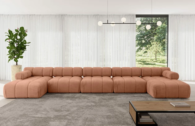 Bezug: Samt, Farbe: Apricot - Monolith 61, Stellvariante: U-Form, Stoffbeschreibung: MONOLITH: Wasserabweisender und leicht zu reinigender Möbelstoff, scheuerfest (100.000 Martindale-Zyklen) lichtecht (5) und pillingarm (4-5), aus 100 % PES, Gewicht 330 g/m2 ±5 %, Materialzusammensetzung: 100% Polyseter, Pilling Resistenz: 4, Abriebfestigkeit: 5, Scheuerbeständigkeit: 100000 Martindale-Zyklen, Zimmer: Wohnzimmer, Tiefe: 160 cm, Breite: 475 cm, Höhe: 70 cm, Anzahl der Sitzflächen: 8, Sitzfüllung: Wellenfeder und T30-Schaum, Art der Rückenkissen: Rückenlehne - feste, Annzahl der Sitzkissen: 5, Breite der Ottomane: 95 cm, Tiefe der Ottomane: 160 cm, Tiefe der Sitzfläche: 65 cm, Sitzhöhe: 40 cm, Schlaffunktion: Ohne Schlaffunktion - 1