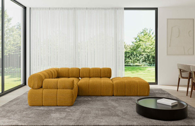 Bezug: Cord, Farbe: Senfgelb - Poso 42, Stellvariante: Ottomane Links, Stoffbeschreibung: POSO ist ein angenehm anzufühlender Velours mit Kordstruktur (35000 MartindaleZyklen) und leicht zu reinigender Möbellstoff, lichtecht (5) und pillingarm (5), Gewicht 380 g/m2 ±5%, Materialzusammensetzung: 90% Polyseter, 10% Nylon, Pilling Resistenz: 5, Abriebfestigkeit: 5, Scheuerbeständigkeit: 30000 Martindale-Zyklen, Zimmer: Wohnzimmer, Tiefe: 190 cm, Breite: 285 cm, Höhe: 70 cm, Anzahl der Sitzflächen: 5, Sitzfüllung: Wellenfeder, Art der Rückenkissen: Rückenlehne - feste, Annzahl der Sitzkissen: 3, Breite der Ottomane: 95 cm, Tiefe der Ottomane: 190 cm, Tiefe der Sitzfläche: 65 cm, Sitzhöhe: 40 cm, Schlaffunktion: Ohne Schlaffunktion - 1