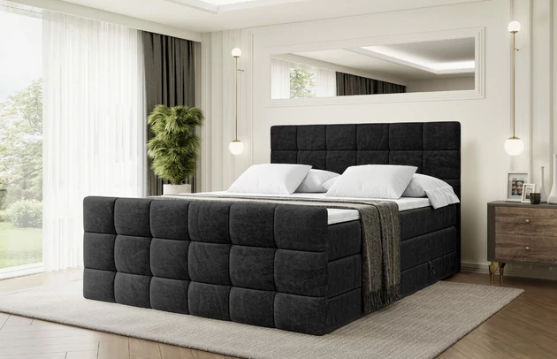 Material: Holz, Höhe des Kopfteils: 110 cm, Stoffbeschreibung: Polsterstoff Casablanca: „Pet-friendly“, leicht zu reinigen (CleanBOO+), wasserabweisend mit Lotuseffekt, scheuerfest (45.000 Martindale- Zyklen), Gewicht 310g/m2 ±5 %, Bezug: Samt, Farbe: Schwarz - Casablanca 2316, Zimmer: Schlafzimmer, Länge: 215 cm, Breite: 140 cm, Höhe: 110 cm, Größe: 140x200 cm, Länge der Schlaffläche: 200 cm, Breite der Schlaffläche: 140 cm, Liegehöhe: 73 cm, Härtegrad der Matratze: H3 und H4, Höhe der Matratze: 38 cm, Matratze: Multipocketfederung und Bonellfederung, Farbe des Toppers: Weiß, Höhe des Toppers: 5 cm, Material des Toppers: Schaumstoff, Bettkasten: Ja, Anzahl der Bettkasten: 2, Höhe des Bettkastens: 30 cm, Material der Füße: Plastik, Höhe der Füße: 2 cm, Dicke des Kopfteils: 8 cm, Dicke des Fußteils: 7 cm, Gepolsterte Rückseite: Nein - 1