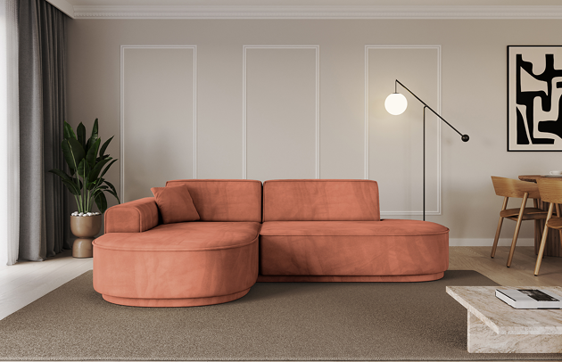 Bezug: Samt, Farbe: Apricot - Dream Velvet 202.07, Stellvariante: Ottomane Links, Stoffbeschreibung: Polsterstoff Dream Velvet: Wasserabweisender und leicht zu reinigender Möbelstoff, scheuerfest (30.000 Martindale-Zyklen) lichtecht (6) und pillingarm (4-5), aus 100 % PES, Gewicht 360 g/m2 ±5 %, Materialzusammensetzung: 100% Polyseter, Pilling Resistenz: 4-5, Abriebfestigkeit: 5, Scheuerbeständigkeit: 30000 Martindale-Zyklen, Ausstattung: Kissen, Zimmer: Wohnzimmer, Tiefe: 171 cm, Breite: 243 cm, Höhe: 83 cm, Anzahl der Sitzflächen: 3, Sitzfüllung: Wellenfeder + HR35 und T30-Schaum, Art der Rückenkissen: Rückenlehne - feste, Annzahl der Sitzkissen: 2, Anzahl der Zierkissen: 1, Breite der Armlehnen: 20 cm, Höhe der Armlehnen: 58 cm, Breite der Ottomane: 109 cm, Tiefe der Ottomane: 151 cm, Tiefe der Sitzfläche: 62 cm, Sitzhöhe: 47 cm, Schlaffunktion: Ohne Schlaffunktion, Länge der Schlaffläche: Nicht zutreffend, Breite der Schlaffläche: Nicht zutreffend, Liegehöhe: Nicht zutreffend - 1