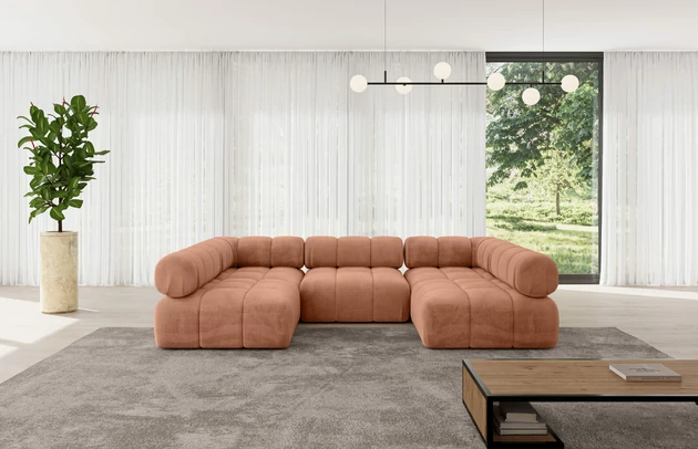 Bezug: Samt, Farbe: Apricot - Monolith 61, Stellvariante: U-Form, Stoffbeschreibung: MONOLITH: Wasserabweisender und leicht zu reinigender Möbelstoff, scheuerfest (100.000 Martindale-Zyklen) lichtecht (5) und pillingarm (4-5), aus 100 % PES, Gewicht 330 g/m2 ±5 %, Materialzusammensetzung: 100% Polyseter, Pilling Resistenz: 4, Abriebfestigkeit: 5, Scheuerbeständigkeit: 100000 Martindale-Zyklen, Zimmer: Wohnzimmer, Tiefe: 190 cm, Breite: 285 cm, Höhe: 70 cm, Anzahl der Sitzflächen: 6, Sitzfüllung: Wellenfeder und T30-Schaum, Art der Rückenkissen: Rückenlehne - feste, Annzahl der Sitzkissen: 3, Breite der Ottomane: 95 cm, Tiefe der Ottomane: 190 cm, Tiefe der Sitzfläche: 65 cm, Sitzhöhe: 40 cm, Schlaffunktion: Ohne Schlaffunktion - 1