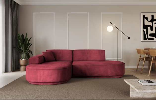 Bezug: Samt, Farbe: Bordeauxrot - Dream Velvet 202.11, Stellvariante: Ottomane Links, Stoffbeschreibung: Polsterstoff Dream Velvet: Wasserabweisender und leicht zu reinigender Möbelstoff, scheuerfest (30.000 Martindale-Zyklen) lichtecht (6) und pillingarm (4-5), aus 100 % PES, Gewicht 360 g/m2 ±5 %, Materialzusammensetzung: 100% Polyseter, Pilling Resistenz: 4-5, Abriebfestigkeit: 5, Scheuerbeständigkeit: 30000 Martindale-Zyklen, Ausstattung: Kissen, Zimmer: Wohnzimmer, Tiefe: 171 cm, Breite: 243 cm, Höhe: 83 cm, Anzahl der Sitzflächen: 3, Sitzfüllung: Wellenfeder + HR35 und T30-Schaum, Art der Rückenkissen: Rückenlehne - feste, Annzahl der Sitzkissen: 2, Anzahl der Zierkissen: 1, Breite der Armlehnen: 20 cm, Höhe der Armlehnen: 58 cm, Breite der Ottomane: 109 cm, Tiefe der Ottomane: 151 cm, Tiefe der Sitzfläche: 62 cm, Sitzhöhe: 47 cm, Schlaffunktion: Ohne Schlaffunktion - 1