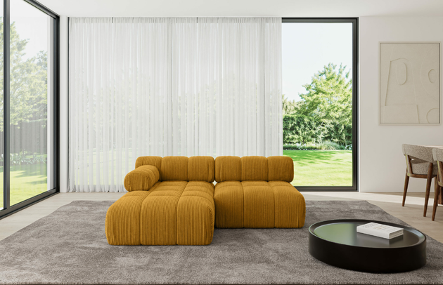 Bezug: Cord, Farbe: Senfgelb - Poso 42, Stellvariante: Ottomane Links, Stoffbeschreibung: POSO ist ein angenehm anzufühlender Velours mit Kordstruktur (35000 MartindaleZyklen) und leicht zu reinigender Möbellstoff, lichtecht (5) und pillingarm (5), Gewicht 380 g/m2 ±5%, Materialzusammensetzung: 90% Polyseter, 10% Nylon, Pilling Resistenz: 5, Abriebfestigkeit: 5, Scheuerbeständigkeit: 30000 Martindale-Zyklen, Zimmer: Wohnzimmer, Tiefe: 160 cm, Breite: 190 cm, Höhe: 70 cm, Anzahl der Sitzflächen: 4, Sitzfüllung: Wellenfeder und T30-Schaum, Art der Rückenkissen: Rückenlehne - feste, Annzahl der Sitzkissen: 2, Breite der Ottomane: 95 cm, Tiefe der Ottomane: 160 cm, Tiefe der Sitzfläche: 65 cm, Sitzhöhe: 40 cm, Schlaffunktion: Ohne Schlaffunktion - 1