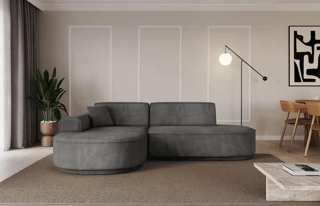 Bezug: Samt, Farbe: Dunkelgrau - Dream Velvet 202.13, Stellvariante: Ottomane Links, Stoffbeschreibung: Polsterstoff Dream Velvet: Wasserabweisender und leicht zu reinigender Möbelstoff, scheuerfest (30.000 Martindale-Zyklen) lichtecht (6) und pillingarm (4-5), aus 100 % PES, Gewicht 360 g/m2 ±5 %, Materialzusammensetzung: 100% Polyseter, Pilling Resistenz: 4-5, Abriebfestigkeit: 5, Scheuerbeständigkeit: 30000 Martindale-Zyklen, Ausstattung: Kissen, Zimmer: Wohnzimmer, Tiefe: 171 cm, Breite: 243 cm, Höhe: 83 cm, Anzahl der Sitzflächen: 3, Sitzfüllung: Wellenfeder + HR35 und T30-Schaum, Art der Rückenkissen: Rückenlehne - feste, Annzahl der Sitzkissen: 2, Anzahl der Zierkissen: 1, Breite der Armlehnen: 20 cm, Höhe der Armlehnen: 58 cm, Breite der Ottomane: 109 cm, Tiefe der Ottomane: 151 cm, Tiefe der Sitzfläche: 62 cm, Sitzhöhe: 47 cm, Schlaffunktion: Ohne Schlaffunktion - 1