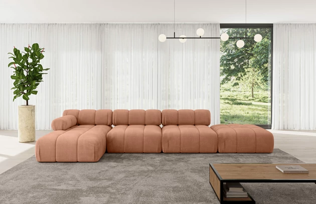 Bezug: Samt, Farbe: Apricot - Monolith 61, Stellvariante: Ottomane Links, Stoffbeschreibung: MONOLITH: Wasserabweisender und leicht zu reinigender Möbelstoff, scheuerfest (100.000 Martindale-Zyklen) lichtecht (5) und pillingarm (4-5), aus 100 % PES, Gewicht 330 g/m2 ±5 %, Materialzusammensetzung: 100% Polyseter, Pilling Resistenz: 4, Abriebfestigkeit: 5, Scheuerbeständigkeit: 100000 Martindale-Zyklen, Zimmer: Wohnzimmer, Tiefe: 160 cm, Breite: 380 cm, Höhe: 70 cm, Anzahl der Sitzflächen: 6, Sitzfüllung: Wellenfeder, Art der Rückenkissen: Rückenlehne - feste, Annzahl der Sitzkissen: 4, Breite der Ottomane: 95 cm, Tiefe der Ottomane: 160 cm, Tiefe der Sitzfläche: 65 cm, Sitzhöhe: 40 cm, Schlaffunktion: Ohne Schlaffunktion - 1