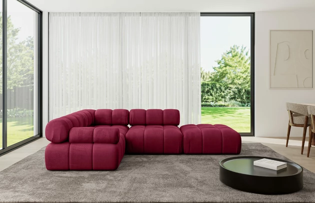 Bezug: Samt, Farbe: Bordeauxrot - Monolith 59, Stellvariante: Ottomane Links, Stoffbeschreibung: MONOLITH: Wasserabweisender und leicht zu reinigender Möbelstoff, scheuerfest (100.000 Martindale-Zyklen) lichtecht (5) und pillingarm (4-5), aus 100 % PES, Gewicht 330 g/m2 ±5 %, Materialzusammensetzung: 100% Polyseter, Pilling Resistenz: 4, Abriebfestigkeit: 5, Scheuerbeständigkeit: 100000 Martindale-Zyklen, Zimmer: Wohnzimmer, Tiefe: 190 cm, Breite: 285 cm, Höhe: 70 cm, Anzahl der Sitzflächen: 5, Sitzfüllung: Wellenfeder, Art der Rückenkissen: Rückenlehne - feste, Annzahl der Sitzkissen: 3, Breite der Ottomane: 95 cm, Tiefe der Ottomane: 190 cm, Tiefe der Sitzfläche: 65 cm, Sitzhöhe: 40 cm, Schlaffunktion: Ohne Schlaffunktion - 1