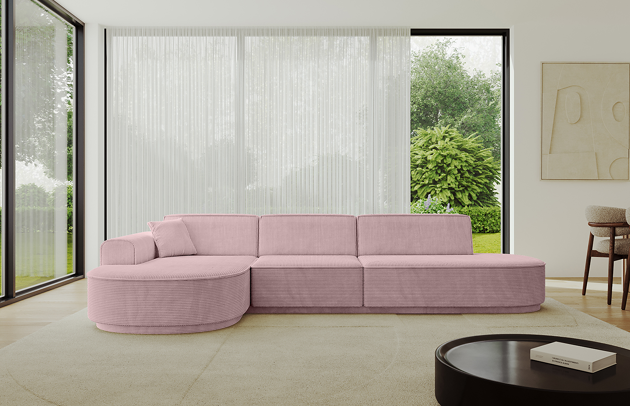 Bezug: Cord, Farbe: Rosa - Poso 145, Stellvariante: Ottomane Links, Stoffbeschreibung: POSO ist ein angenehm anzufühlender Velours mit Kordstruktur (35000 MartindaleZyklen) und leicht zu reinigender Möbellstoff, lichtecht (5) und pillingarm (5), Gewicht 380 g/m2 ±5%, Materialzusammensetzung: 90% Polyseter, 10% Nylon, Pilling Resistenz: 5, Abriebfestigkeit: 5, Scheuerbeständigkeit: 30000 Martindale-Zyklen, Ausstattung: Kissen, Zimmer: Wohnzimmer, Tiefe: 171 cm, Breite: 328 cm, Höhe: 83 cm, Anzahl der Sitzflächen: 4, Sitzfüllung: Wellenfeder + HR35 und T30-Schaum, Art der Rückenkissen: Rückenlehne - feste, Annzahl der Sitzkissen: 3, Anzahl der Zierkissen: 1, Breite der Armlehnen: 20 cm, Höhe der Armlehnen: 58 cm, Breite der Ottomane: 109 cm, Tiefe der Ottomane: 151 cm, Tiefe der Sitzfläche: 62 cm, Sitzhöhe: 47 cm, Schlaffunktion: Ohne Schlaffunktion - 1