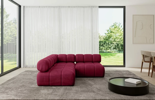 Bezug: Samt, Farbe: Bordeauxrot - Monolith 59, Stellvariante: Ottomane Links, Stoffbeschreibung: MONOLITH: Wasserabweisender und leicht zu reinigender Möbelstoff, scheuerfest (100.000 Martindale-Zyklen) lichtecht (5) und pillingarm (4-5), aus 100 % PES, Gewicht 330 g/m2 ±5 %, Materialzusammensetzung: 100% Polyseter, Pilling Resistenz: 4, Abriebfestigkeit: 5, Scheuerbeständigkeit: 100000 Martindale-Zyklen, Zimmer: Wohnzimmer, Tiefe: 190 cm, Breite: 190 cm, Höhe: 70 cm, Anzahl der Sitzflächen: 4, Sitzfüllung: Wellenfeder, Art der Rückenkissen: Rückenlehne - feste, Annzahl der Sitzkissen: 2, Breite der Ottomane: 95 cm, Tiefe der Ottomane: 190 cm, Tiefe der Sitzfläche: 65 cm, Sitzhöhe: 40 cm, Schlaffunktion: Ohne Schlaffunktion - 1