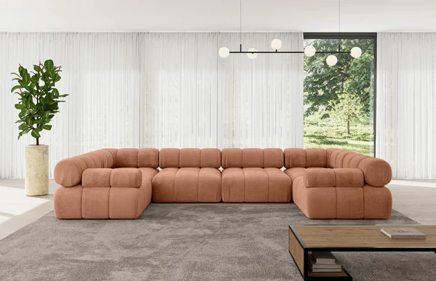 Bezug: Samt, Farbe: Apricot - Monolith 61, Stellvariante: U-Form, Stoffbeschreibung: MONOLITH: Wasserabweisender und leicht zu reinigender Möbelstoff, scheuerfest (100.000 Martindale-Zyklen) lichtecht (5) und pillingarm (4-5), aus 100 % PES, Gewicht 330 g/m2 ±5 %, Materialzusammensetzung: 100% Polyseter, Pilling Resistenz: 4, Abriebfestigkeit: 5, Scheuerbeständigkeit: 100000 Martindale-Zyklen, Zimmer: Wohnzimmer, Tiefe: 190 cm, Breite: 380 cm, Höhe: 70 cm, Anzahl der Sitzflächen: 7, Sitzfüllung: Wellenfeder und T30-Schaum, Art der Rückenkissen: Rückenlehne - feste, Annzahl der Sitzkissen: 4, Breite der Ottomane: 95 cm, Tiefe der Ottomane: 190 cm, Tiefe der Sitzfläche: 65 cm, Sitzhöhe: 40 cm, Schlaffunktion: Ohne Schlaffunktion - 1