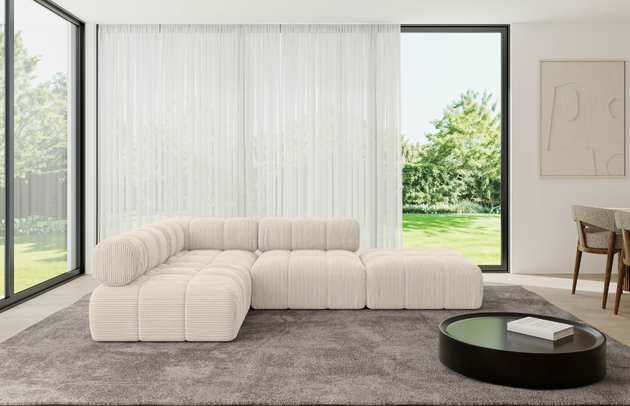 Bezug: Cord, Farbe: Beige - Poso 105, Stellvariante: Ottomane Links, Stoffbeschreibung: POSO ist ein angenehm anzufühlender Velours mit Kordstruktur (35000 MartindaleZyklen) und leicht zu reinigender Möbellstoff, lichtecht (5) und pillingarm (5), Gewicht 380 g/m2 ±5%, Materialzusammensetzung: 90% Polyseter, 10% Nylon, Pilling Resistenz: 5, Abriebfestigkeit: 5, Scheuerbeständigkeit: 30000 Martindale-Zyklen, Zimmer: Wohnzimmer, Tiefe: 190 cm, Breite: 285 cm, Höhe: 70 cm, Anzahl der Sitzflächen: 5, Sitzfüllung: Wellenfeder, Art der Rückenkissen: Rückenlehne - feste, Annzahl der Sitzkissen: 3, Breite der Ottomane: 95 cm, Tiefe der Ottomane: 190 cm, Tiefe der Sitzfläche: 65 cm, Sitzhöhe: 40 cm, Schlaffunktion: Ohne Schlaffunktion - 1