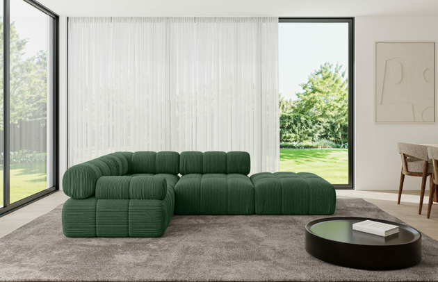 Bezug: Cord, Farbe: Grün - Poso 14, Stellvariante: Ottomane Links, Stoffbeschreibung: POSO ist ein angenehm anzufühlender Velours mit Kordstruktur (35000 MartindaleZyklen) und leicht zu reinigender Möbellstoff, lichtecht (5) und pillingarm (5), Gewicht 380 g/m2 ±5%, Materialzusammensetzung: 90% Polyseter, 10% Nylon, Pilling Resistenz: 5, Abriebfestigkeit: 5, Scheuerbeständigkeit: 30000 Martindale-Zyklen, Zimmer: Wohnzimmer, Tiefe: 190 cm, Breite: 285 cm, Höhe: 70 cm, Anzahl der Sitzflächen: 5, Sitzfüllung: Wellenfeder, Art der Rückenkissen: Rückenlehne - feste, Annzahl der Sitzkissen: 3, Breite der Ottomane: 95 cm, Tiefe der Ottomane: 190 cm, Tiefe der Sitzfläche: 65 cm, Sitzhöhe: 40 cm, Schlaffunktion: Ohne Schlaffunktion - 1