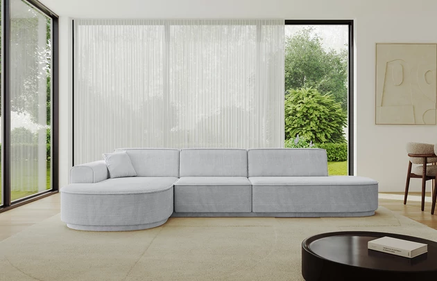 Bezug: Cord, Farbe: Grau - Poso 110, Stellvariante: Ottomane Links, Stoffbeschreibung: POSO ist ein angenehm anzufühlender Velours mit Kordstruktur (35000 MartindaleZyklen) und leicht zu reinigender Möbellstoff, lichtecht (5) und pillingarm (5), Gewicht 380 g/m2 ±5%, Materialzusammensetzung: 90% Polyseter, 10% Nylon, Pilling Resistenz: 5, Abriebfestigkeit: 5, Scheuerbeständigkeit: 30000 Martindale-Zyklen, Ausstattung: Kissen, Zimmer: Wohnzimmer, Tiefe: 171 cm, Breite: 328 cm, Höhe: 83 cm, Anzahl der Sitzflächen: 4, Sitzfüllung: Wellenfeder + HR35 und T30-Schaum, Art der Rückenkissen: Rückenlehne - feste, Annzahl der Sitzkissen: 3, Anzahl der Zierkissen: 1, Breite der Armlehnen: 20 cm, Höhe der Armlehnen: 58 cm, Breite der Ottomane: 109 cm, Tiefe der Ottomane: 151 cm, Tiefe der Sitzfläche: 62 cm, Sitzhöhe: 47 cm, Schlaffunktion: Ohne Schlaffunktion - 1