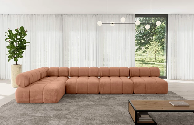 Bezug: Samt, Farbe: Apricot - Monolith 61, Stellvariante: Ottomane Links, Stoffbeschreibung: MONOLITH: Wasserabweisender und leicht zu reinigender Möbelstoff, scheuerfest (100.000 Martindale-Zyklen) lichtecht (5) und pillingarm (4-5), aus 100 % PES, Gewicht 330 g/m2 ±5 %, Materialzusammensetzung: 100% Polyseter, Pilling Resistenz: 4, Abriebfestigkeit: 5, Scheuerbeständigkeit: 100000 Martindale-Zyklen, Zimmer: Wohnzimmer, Tiefe: 190 cm, Breite: 380 cm, Höhe: 70 cm, Anzahl der Sitzflächen: 6, Sitzfüllung: Wellenfeder, Art der Rückenkissen: Rückenlehne - feste, Annzahl der Sitzkissen: 4, Breite der Ottomane: 95 cm, Tiefe der Ottomane: 190 cm, Tiefe der Sitzfläche: 65 cm, Sitzhöhe: 40 cm, Schlaffunktion: Ohne Schlaffunktion - 1